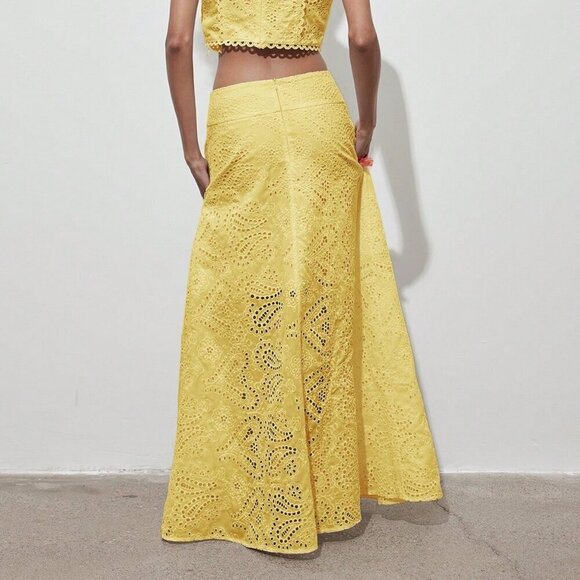 Yellow Elegant Women's Floral Hollow Out Full Embroidery A-Line Maxi Skirt - Picture 6 of 10